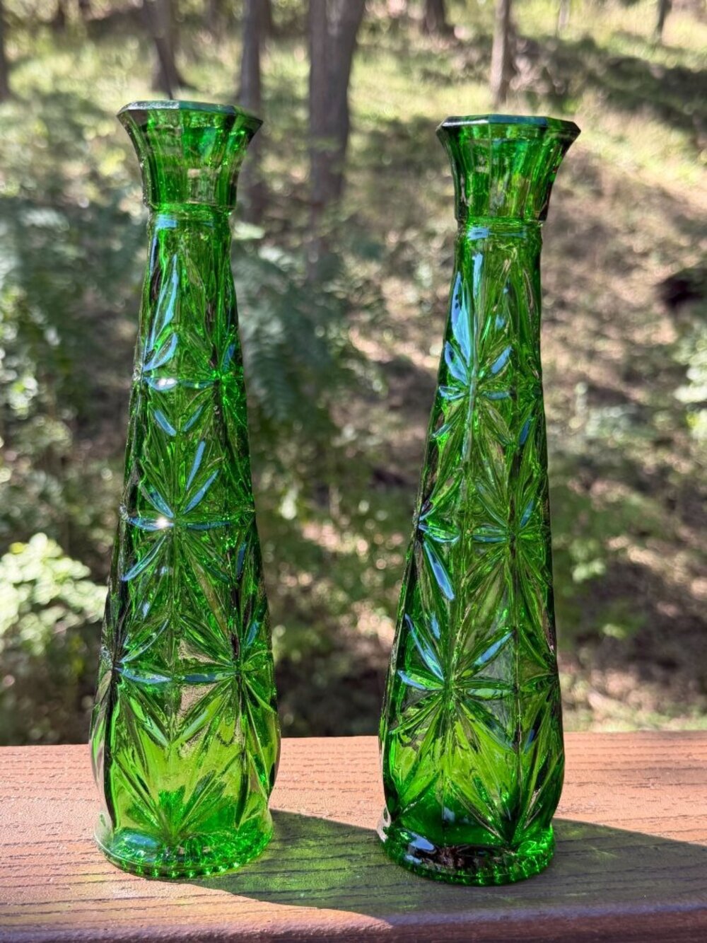2 Vintage Green Glass Bud Vases 9" Starburst Pattern Elegant Accent Pieces